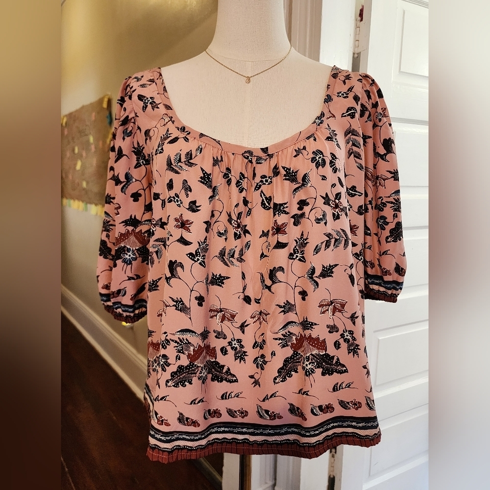 Natalie Martin Kelly Top Lotus Print Silk Boho Blouse Pink Medium